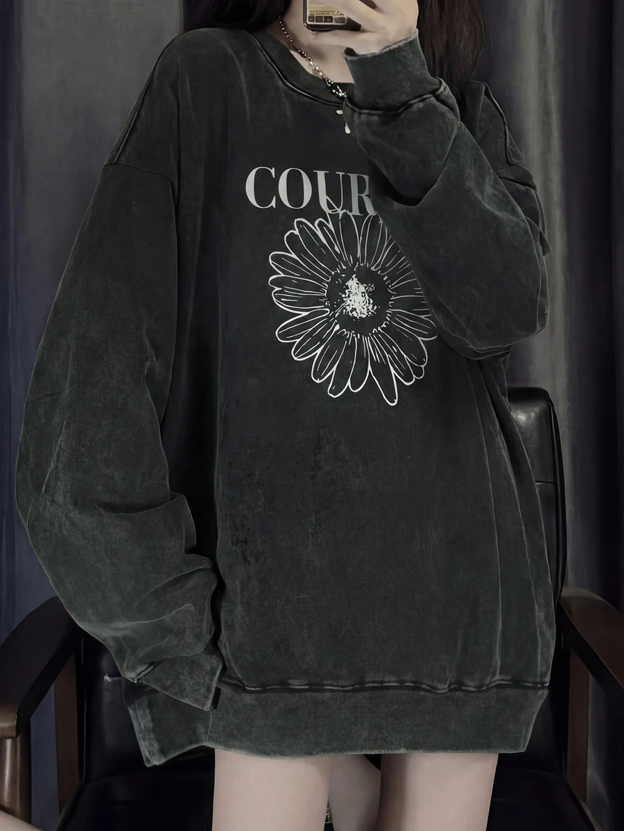 女式学生简约经典复古美式黑色个性化水洗Y2K雏菊英文字母印花宽松休闲日常长袖T恤，返校秋冬春季T恤 - 黑色 - 查看 1