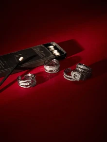 Etoivie Set de 5 anillos abiertos ajustables + caja de regalo, diseño de moda exagerado de lujo con anillos de circonita cúbica, adecuado para banquetes, fiestas, bodas, vestidos de novia - Plateado - Ver 4