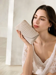 Clariva Women Classic And Elegant Pleated Design Clutch Bag With Flap. Perfect For Formal Parties, Romantic Weddings, Dances, And Evening Events. Can Be Used As Handbag, Envelope Bag, Or Chain Bag. Fits With Evening Gowns Or Formal Dresses. - Apricot - View 2