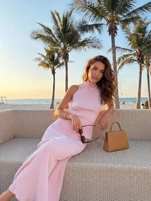 2 Pieces Elegant Minimalist Casual Dress Set, Suitable For Daily Commute, Dating, And Vacation - Pink - View 1