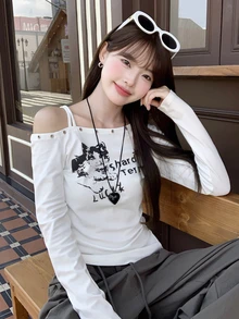 女士休闲露肩字母印花毛衣，甜美可爱长袖上衣，秋冬 - 白色 - 查看 2