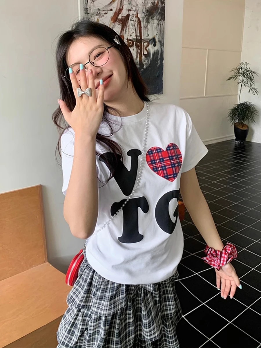 Back To School Cute Heart & Letter Print Casual Round Neck Short Sleeve T-Shirt For Women, Spring/Summer White - White - View 1