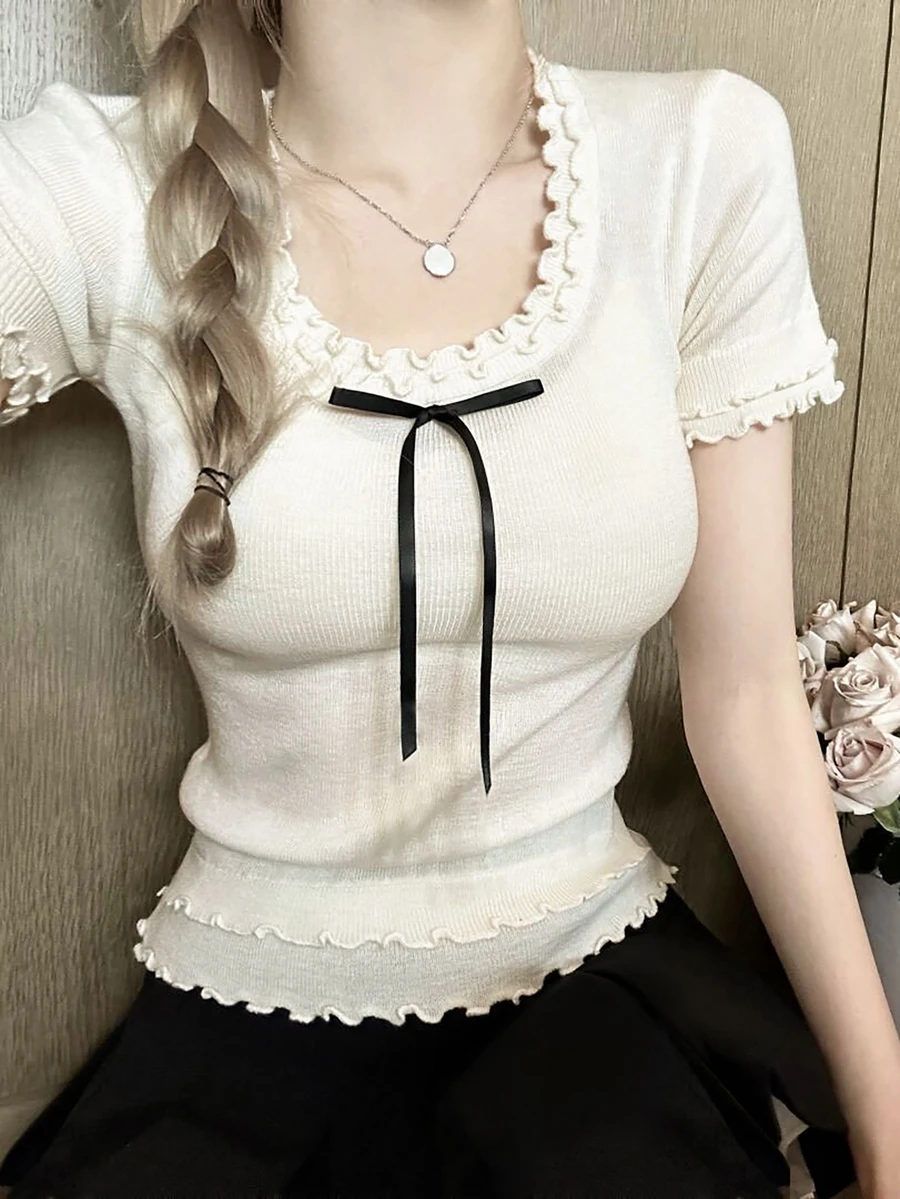 双层蝴蝶结饰边短袖 T 恤，女式圣诞街头时尚夏季新款针织上衣 - 杏色 - 查看 1