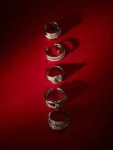 Etoivie Set de 5 anillos abiertos ajustables + caja de regalo, diseño de moda exagerado de lujo con anillos de circonita cúbica, adecuado para banquetes, fiestas, bodas, vestidos de novia - Plateado - Ver 3
