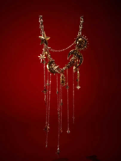 Etoivie 1件复古别致奢华金色合金日月星辰多层链条项链，女士款