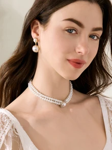 Clariva Elegant Pearl Jewelry Set Including 1pc Necklace And 1pair Earrings Suitable For Daily And Festival Wear - Multicolor - View 2