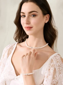 Clariva 4pcs/Set Pearl Necklace With Matching Earrings And Bracelet Jewelry Set - White - View 4