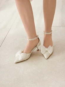 Clariva Zapatos de tacón medio con decoración de perlas falsas y lazo de malla para mujer, zapatos de boda franceses de moda para el Día de San Valentín, elegantes, de tacón de gatito, para fiesta - Blanco - Ver 3