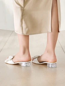 Clariva Women Bow Decor Chunky Heeled Mules, Fashion Summer Heeled Sandals Valentines - White - View 3