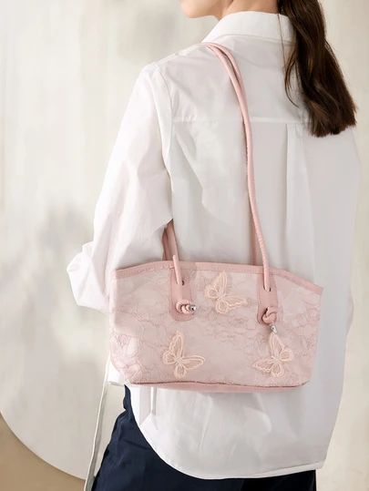 Clariva 1pc Vintage Butterfly Lace Zipper Closure Bowling Bag, Large Capacity Tote Bag, & High Quality Shoulder Bag, Suitable For Women' Daily Use, School, Work, Commuting , Pink