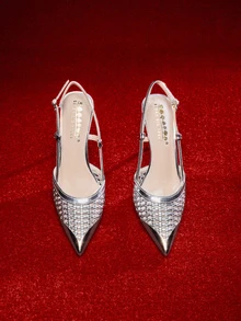 Etoivie Fashionable Hollow Woven Stiletto Heels Sandals, Metallic Pointed Toe Strap High Heels, Elegant Party Shoes For Women - Silver - View 3