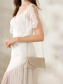 Clariva Women Classic And Elegant Pleated Design Clutch Bag With Flap. Perfect For Formal Parties, Romantic Weddings, Dances, And Evening Events. Can Be Used As Handbag, Envelope Bag, Or Chain Bag. Fits With Evening Gowns Or Formal Dresses. - Apricot - View 3