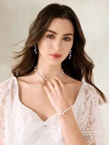 Clariva 1 Set Fashionable Minimalist Wedding Jewelry Faux Pearl & Diamante Necklace, Earrings, Bracelet Suit For Women Wedding Party - Jewelry Set - View 5