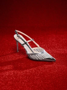 Etoivie Fashionable Hollow Woven Stiletto Heels Sandals, Metallic Pointed Toe Strap High Heels, Elegant Party Shoes For Women - Silver - View 5