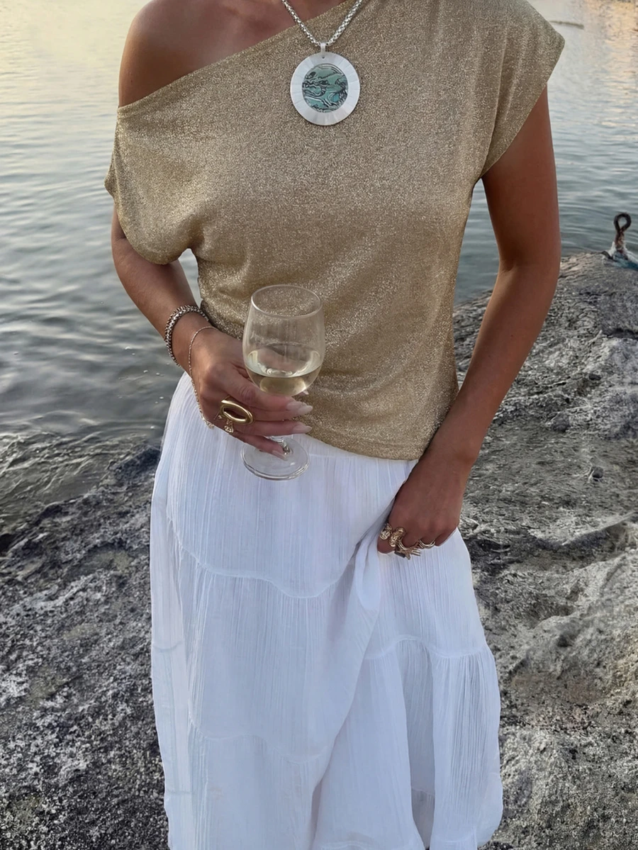 SEREN Summer New Oblique Shoulder Women Knit Sweater, Sexy Asymmetrical Shoulder, Casual, Vacation, Retro, Lightweight, Slightly Sheer, Loose, Short Sleeve Top, Cropped, Summer Women Knit Sweater, Glossy Top, Summer Vacation Beach Outfit, Music Festival Travel Season - Gold - View 1