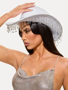 TuEzra 1pc Women's Solid Color Sparkling Crown, Fringe, Faux Rhinestone Embellished Western Cowboy Hat, For Casual Wear, Party, Wedding, Festival Halloween - Multicolor - View 1