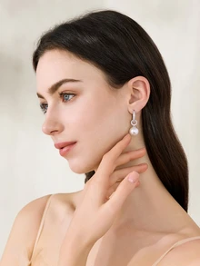 Clariva 1 Pair Luxurious Copper Micro-Inlaid Zirconia Pearl Earrings, Elegant And Classy Earring Studs Suitable For Women's Daily Wear, Dating - Silver - View 2