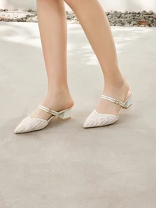 Clariva Fall/Winter 2025 Women Minimalist Point Toe Chunky Heeled Pumps, Fashion Mesh Mule Pumps,Elegant - White - View 1