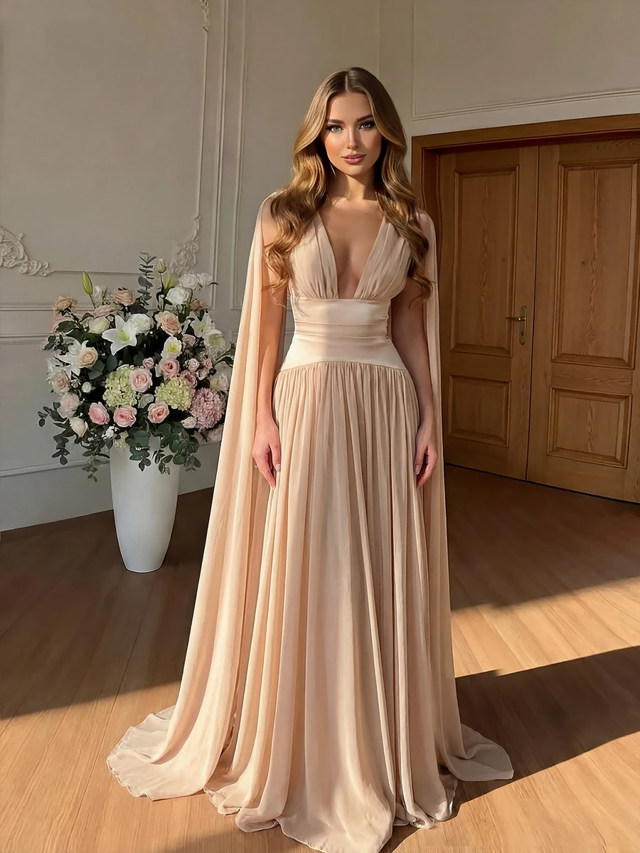 女士纯色雪纺荷叶边披肩领性感优雅鸡尾酒会连衣裙，适合婚礼、情人节和夏季假日穿着 - 杏色 - 查看 1