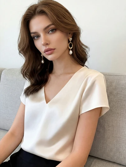 1pc Solid Color Woven Fabric Women's V-Neck Short Sleeve Shirt, Elegant Casual For Holiday, School, Party, Travel, Spring/Summer, Versatile