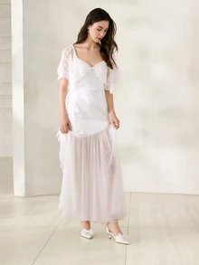 Clariva Zapatos de tacón medio con decoración de perlas falsas y lazo de malla para mujer, zapatos de boda franceses de moda para el Día de San Valentín, elegantes, de tacón de gatito, para fiesta - Blanco - Ver 2