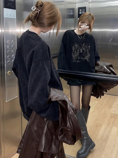 女士 Y2K 宽松柔软棉质做旧美式嘻哈字母数字印花休闲度假居家街头时尚学生圣诞新年长袖卫衣，秋冬款