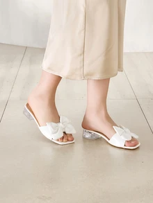 Clariva Women Bow Decor Chunky Heeled Mules, Fashion Summer Heeled Sandals Valentines - White - View 1