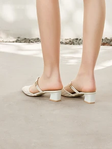 Clariva Fall/Winter 2025 Women Minimalist Point Toe Chunky Heeled Pumps, Fashion Mesh Mule Pumps,Elegant - White - View 3