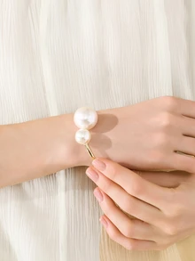 Clariva 1pc Elegant Asymmetrical Faux Pearl Open Cuff Bracelet For Women - Yellow Gold - View 2