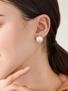 Clariva 1Set Faux Pearl Stud Earrings Flat Large Imitation High Glossy Hypoallergenic Gifts For Women Earring Jewelry - White - View 3