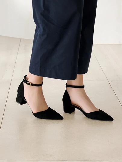 Clariva 2025秋冬女士极简尖头粗跟仿麂皮踝带高跟鞋，优雅户外高跟鞋，优雅，优雅