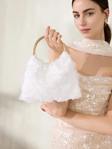 Clariva Limited Time Discount, Elegant Rose Flower Evening Bag, Women's Formal Party Handbag, Gentle Sweet Girl's Shoulder Bag, Solid Color Bucket Bag, Bridal Bag (Pattern Random) - White - View 5