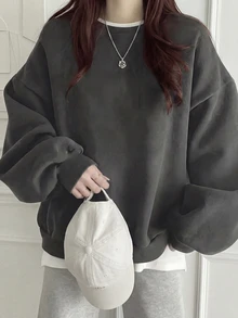 女士休闲宽松圆领长袖棉质运动衫，适合学生、日常穿着、通勤、返校、秋冬季 - 黑灰色 - 查看 1