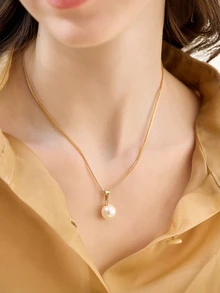 Clariva 3pcs/Set Minimalist & Fashionable Pearl Necklace Earrings Set, Suitable For Women Everyday, Festival, Party Wear - Yellow Gold - View 2