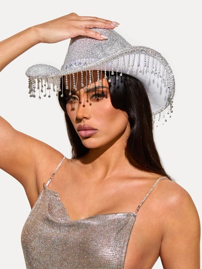 TuEzra 1 chiếc mũ cao bồi đính đá Rhinestone dành cho nữ, mũ cao bồi miền Tây đính đá Rhinestone lấp lánh, bảo vệ khỏi ánh nắng mặt trời, mũ Fedora cao bồi đính sequin với họa tiết trang trí theo phong cách nhạc Jazz, thích hợp sử dụng hàng ngày, mũ cao bồi dự tiệc, mũ cao bồi Halloween