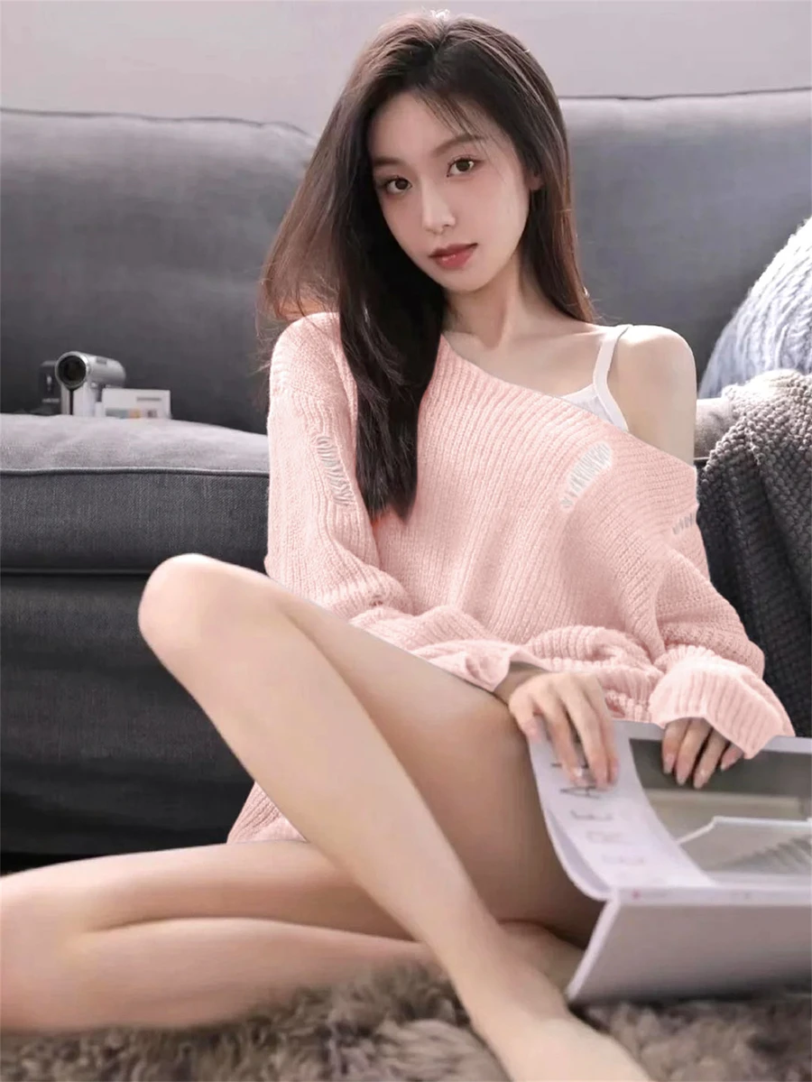 Women's Grey Asymmetrical Neck Cutout Design Pullover Sweater, Streetwear Style, Autumn/Winter - Pink - View 1