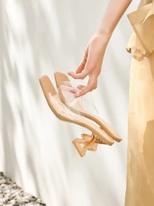 Clariva 女士夏季新款高跟拖鞋，优雅透明高跟凉鞋，时尚不对称水晶高跟凉鞋，适合晚会、派对、婚礼、办公室等场合，搭配女士服装 - 杏色 - 查看 1