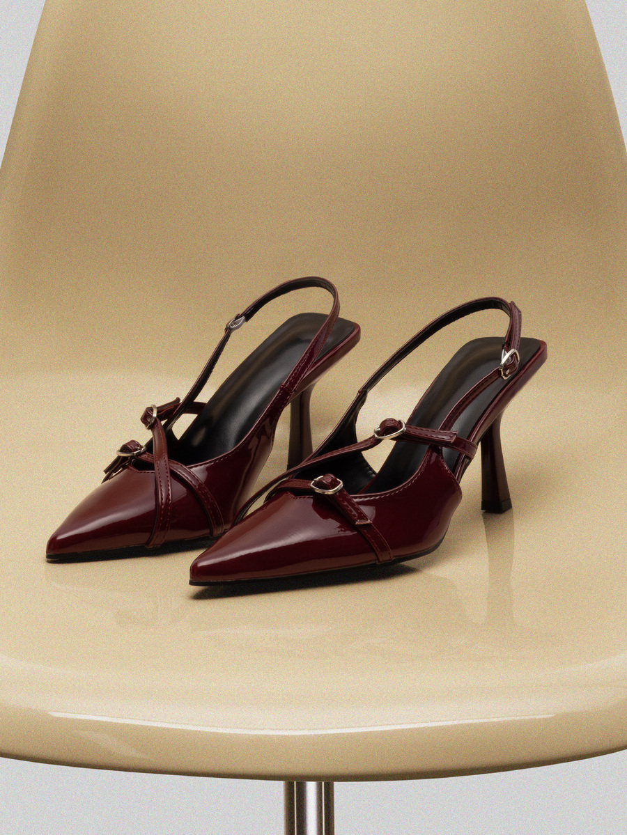 NobleVue Fall/Winter 2025 Sexy Burgundy Cross Strap Buckle Stiletto High Heel Sandals With Pointed Toe For Wedding Party Valentines, Kitten Heels, Elegant, Women Pumps, Elegant - Burgundy - View 1