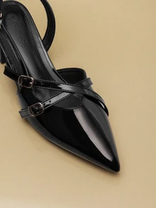 NobleVue 女士黑色漆皮尖头扣环粗跟浅口鞋，优雅正式高跟鞋，时尚露跟高跟鞋 - 黑色 - 查看 3