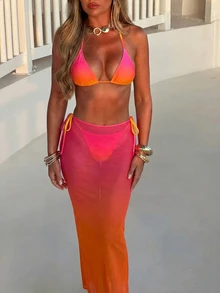 三件套性感渐变黄绿色吊带比基尼套装 - 三角上衣 + 系带腰泳裤 + 修身中长裙 | 必备沙滩度假泳装 粉色夏季 - 粉色 - 查看 2