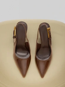 NobleVue 2025秋冬季女士高跟尖头时尚装饰漆皮后带高跟鞋，优雅尖头鞋跟 - 巧克力棕 - 查看 5