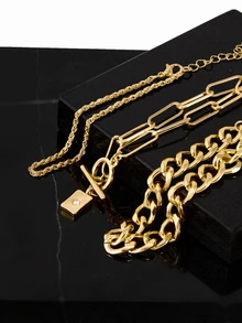 CHICVUE Set de 3 pulseras de cadena gruesa personalizada - Conjunto creativo de pulseras de cadena multicapa de color dorado, regalo de Navidad y invierno - Amarillo Oro - Ver 2