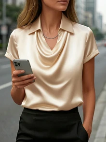 Women's Elegant Satin V-Neck Short Sleeve Top, Regular Length, Smooth Fabric - Apricot - View 3