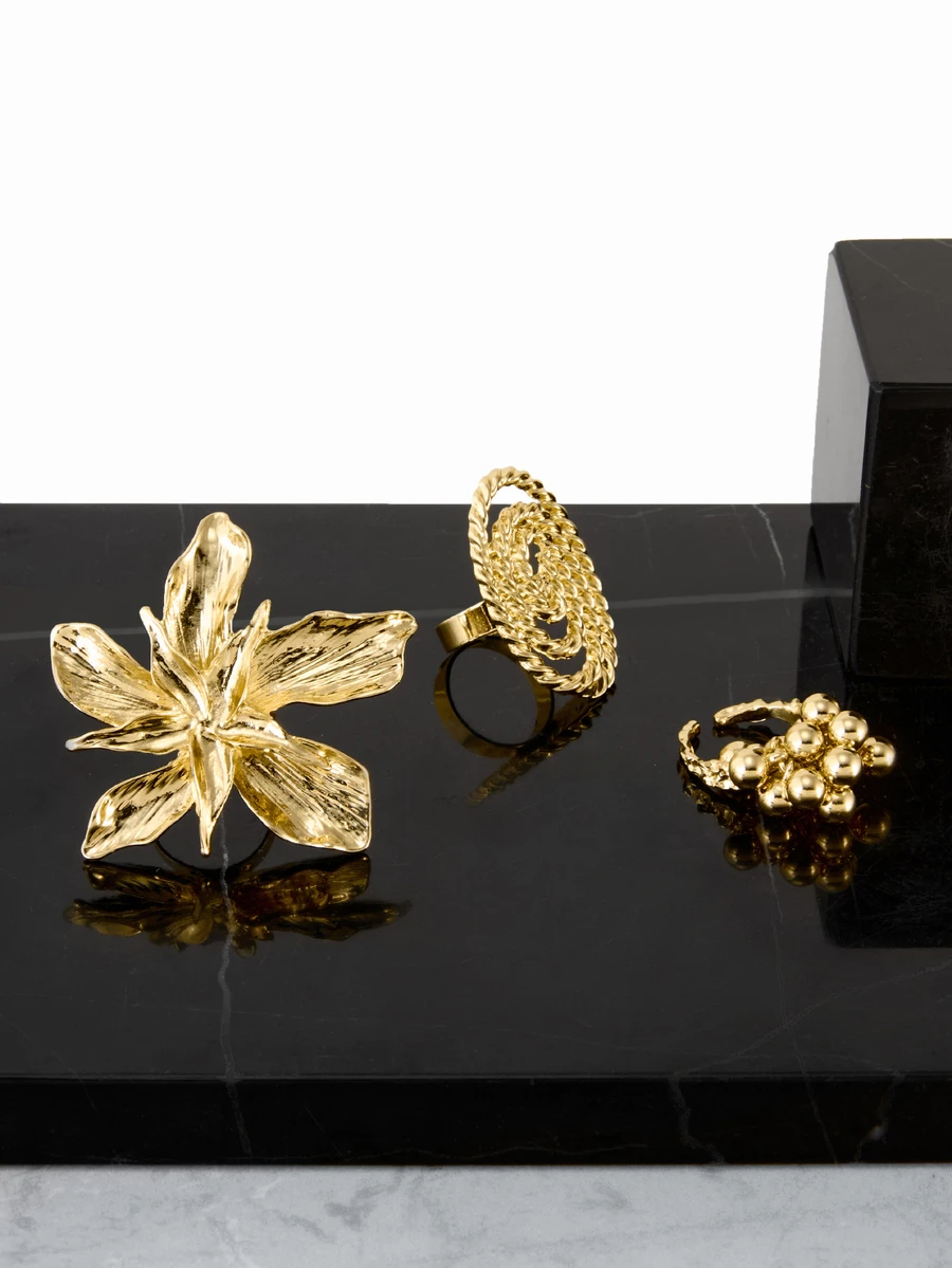 CHICVUE 3pcs Exaggerated Metal Large Floral & Bead Spiral Ring Set, Fashion Patterned Rings - Gold - View 1