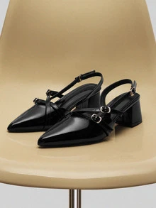 NobleVue 女士黑色漆皮尖头扣环粗跟浅口鞋，优雅正式高跟鞋，时尚露跟高跟鞋 - 黑色 - 查看 1