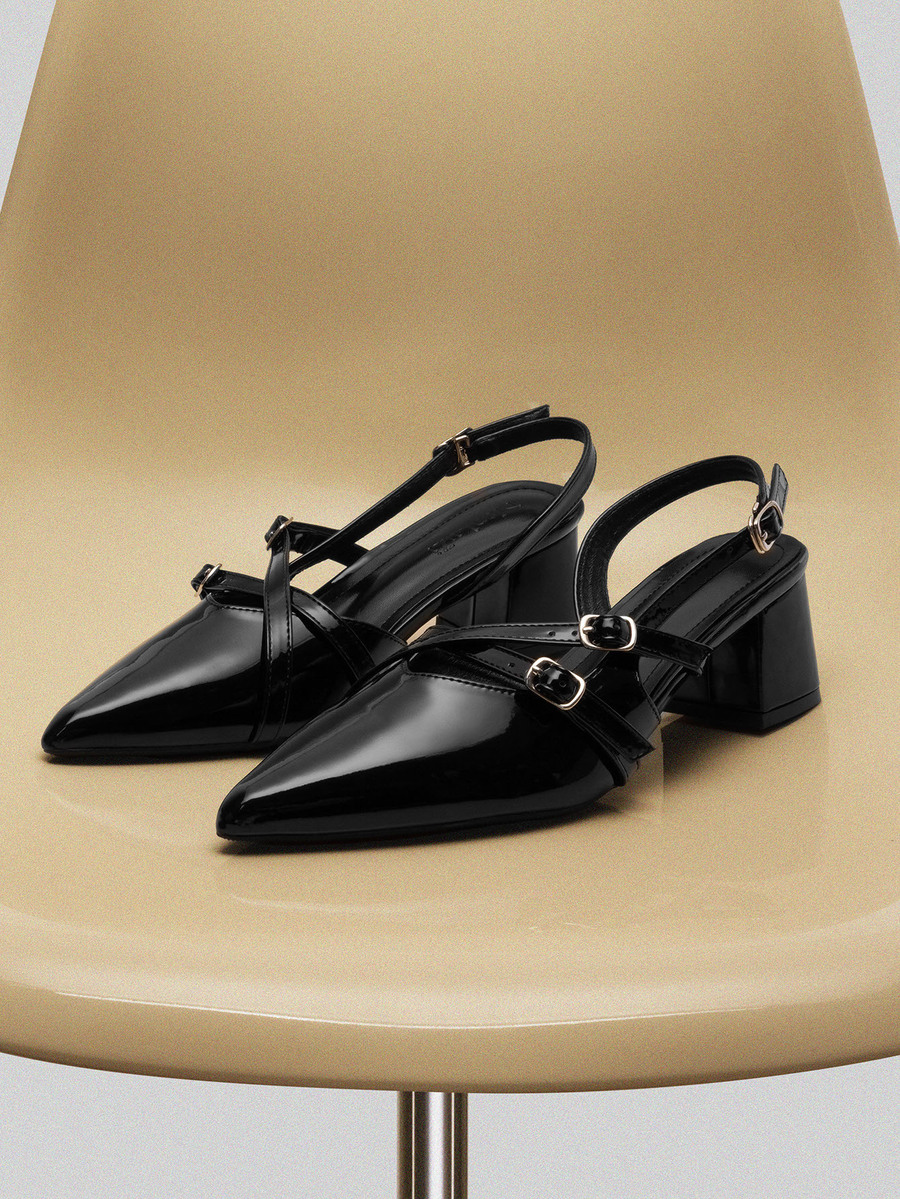 NobleVue 女士黑色漆皮尖头扣环粗跟浅口鞋，优雅正式高跟鞋，时尚露跟高跟鞋 - 黑色 - 查看 1