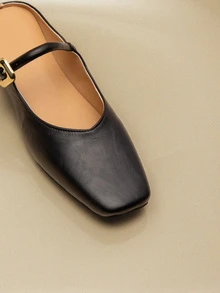 NobleVue 经典复古风格纽扣 PU 皮革平底鞋，适合海滩、婚礼、派对、办公室、家居服、春夏季 - 黑色 - 查看 3