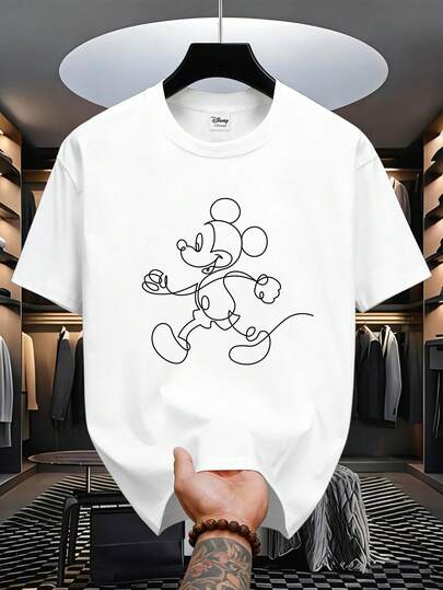 Disney Men's Casual Round Neck Short Sleeve T-Shirt With Black Line Mickey Mouse Print, Suitable For Daily Wear In All Seasons. Men's Graphic T-Shirt, Men's Apparel.