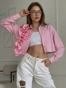 Solstice Apparel Ruffle Collar Button-Down Striped Pink Women Shirt, Elegant Casual Everyday Wear, Suitable For Office, Valentine's Day - Pink - View 2