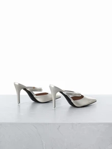 CHICVUE 2025秋冬新款女士包头高跟鞋，优雅穆勒鞋，适合约会、街头、派对、会议、通勤和商务场合，优雅尖头设计 - 銀色 - 查看 2